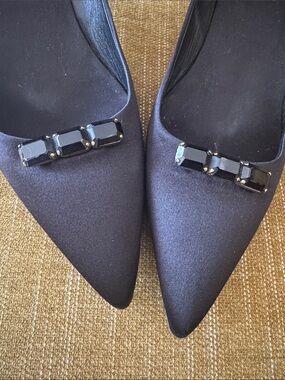 Roger Vivier Black Pointed Satin Flats with Jet Crystal Trim